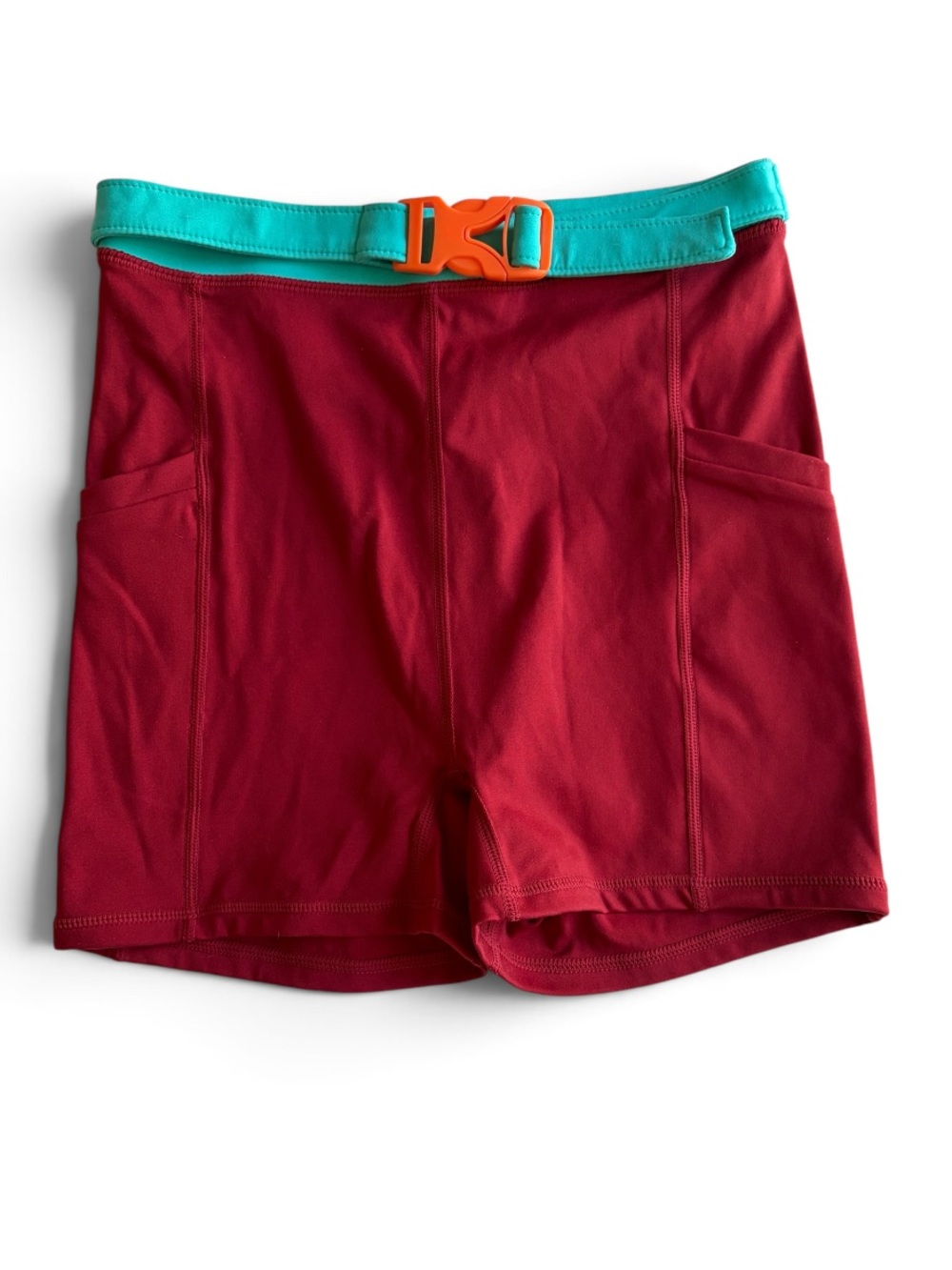 Fabletics Motion365 Solid Biker Shorts Size Small Burgundy Teal Belt Pockets